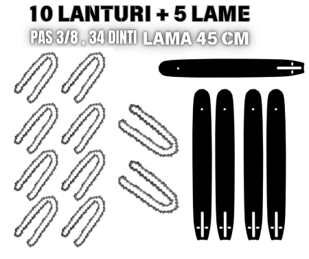 Drujbe - *OFERTA SOC*Set 10 Lanturi si 5 Lame universale pentru motofierastrau ( drujba ), 45 cm, 34 dinti, pas 3/8