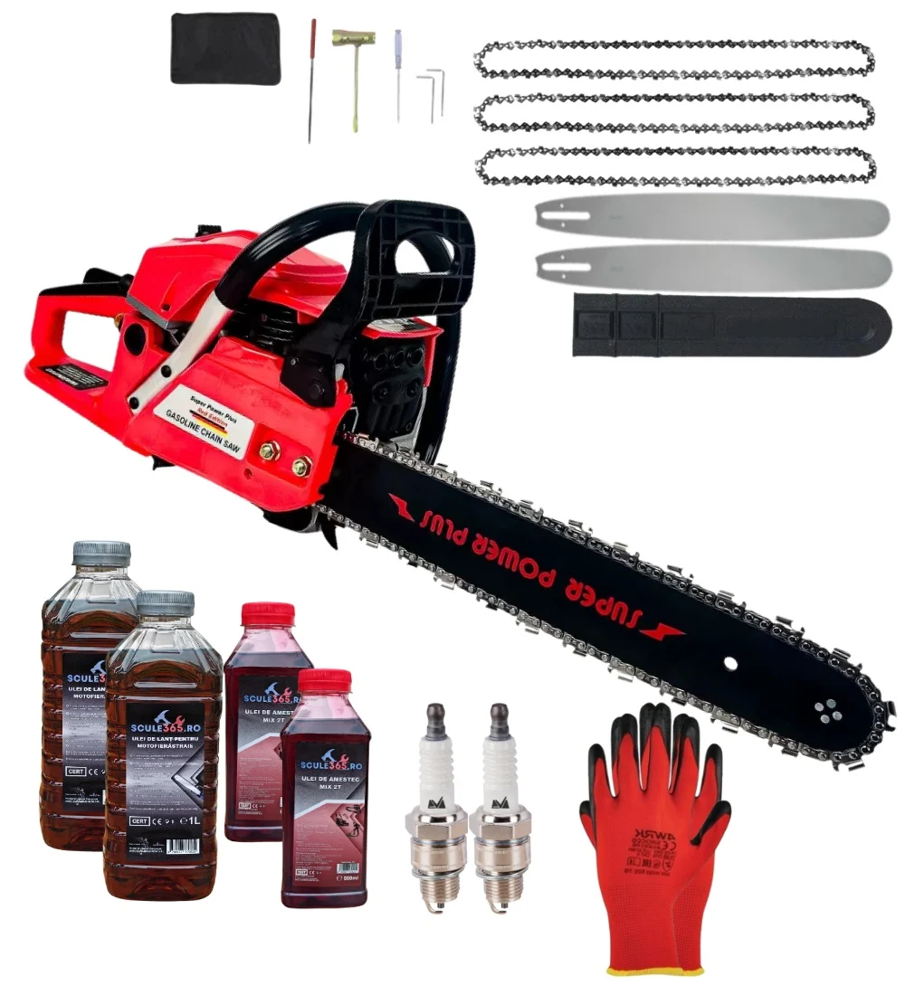 Drujbe Benzina - *PACHET* 8.8cp 58cmc Drujba benzina + 3 lanturi + 2 lame + x2 ulei ungere lant 1L + x2 ulei amestec 0.5L + x2 bujii + accesorii + manusi protectie , Super Power Plus *RED edition