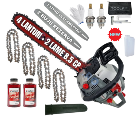 Drujbe Benzina - *PACHET COMPLET* 8.5cp Drujba benzina + 4 lanturi + 2 lame + x2 ulei amestec 0.5L + x2 bujii + accesorii + manusi protectie + pila , CAMPION Profesional