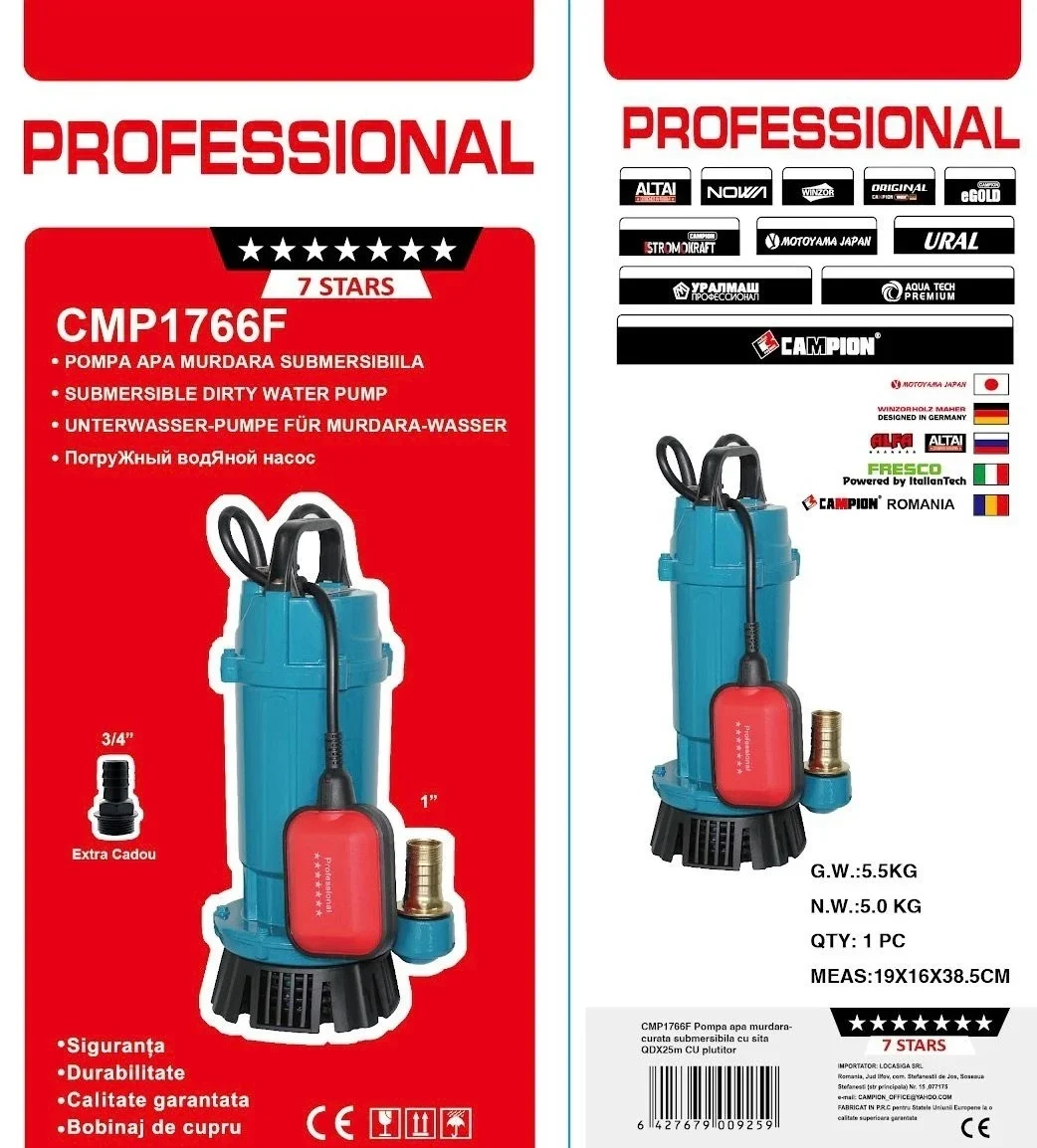 Pompe - Pompa submersibila apa curata CMP1766F QDX3-25-0.75F, 0.75kW, 1HP, debit 3 mc/h, inaltime refulare 25m, 2860RPM, 110-220V, cu plutitor