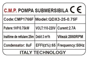 Pompa submersibila apa curata CMP1766F QDX3-25-0.75F, 0.75kW, 1HP, debit 3 mc/h, inaltime refulare 25m, 2860RPM, 110-220V, cu plutitor [1]