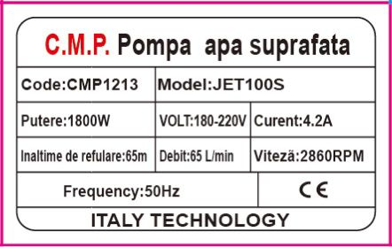 Pompa apa de suprafata JET100S 1800W, bobinaj 100% cupru, 60m inaltime, 12m aspiratie CAMPION PROFESIONAL [4]