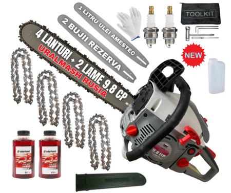 Drujbe Benzina - *PROMOTIE* 9.8CP URALMASH RUSIA Drujba benzina + 4 lanturi + 2 lame + x2 ulei amestec 0.5L + x2 bujii + accesorii + manusi protectie + palnie Japan PROFFESIONAL