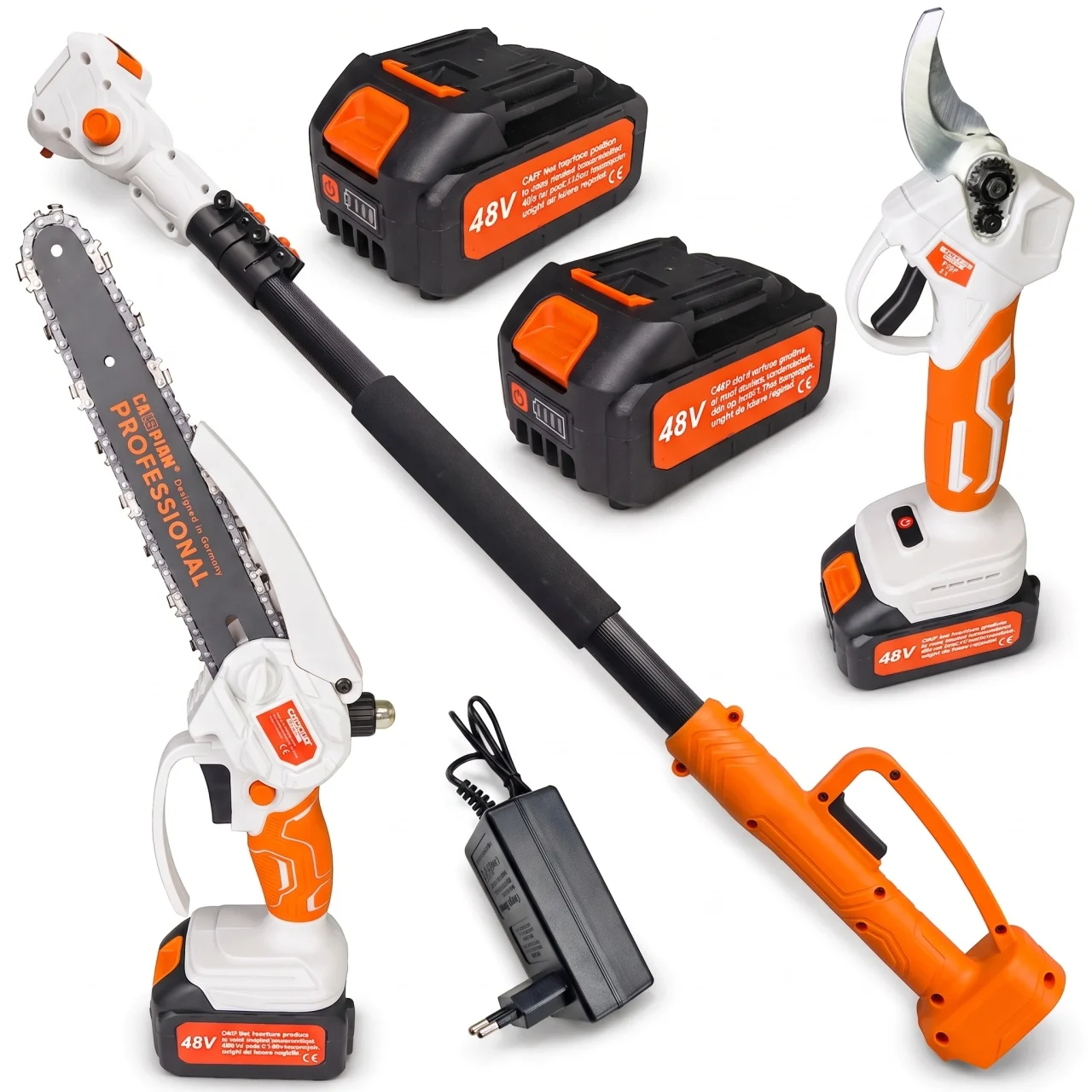Drujbe - Set Mini Drujba si Foarfeca Electrica de crengi– 48V, Lama 24 cm, Taiere 27 mm, Tija 230 cm – 2 Acumulatori 6Ah, Incarcator si Accesorii – Campion Professional – CMP1757