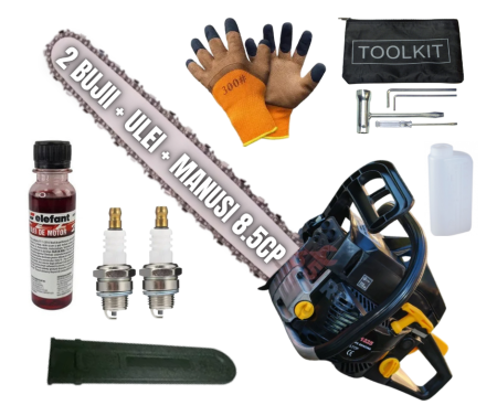 Drujbe - *SUPER Pachet* 8.5cp Drujba benzina + 2 bujii + ulei amestec + accesorii + manusi protectie + pila , CAMPION Profesional