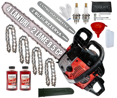 Drujbe - *SUPER Pachet* 8.5cp Drujba benzina + 4 lanturi + 2 lame + x2 ulei amestec 0.5L + x2 bujii + accesorii + manusi protectie + palnie, CAMPION Profesional