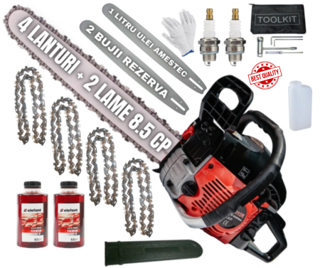 Drujbe Benzina - *SUPER Pachet* 8.5cp Drujba benzina + 4 lanturi + 2 lame + x2 ulei amestec 0.5L + x2 bujii + accesorii + manusi protectie + pila , CAMPION Profesional