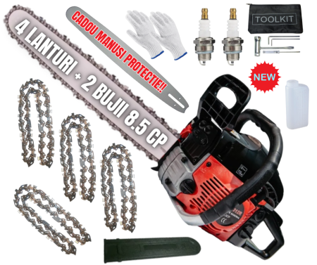 Drujbe Benzina - *SUPER Pachet* 8.5cp Drujba benzina + 4 lanturi  + x2 bujii + accesorii + manusi protectie + pila , CAMPION Profesional