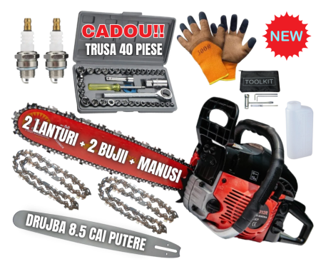 Drujbe Benzina - *SUPER Pachet* 8.5cp Drujba benzina + Trusa 40PCS tubulare + 2 lanturi  + x2 bujii + accesorii + manusi protectie + pila , CAMPION Profesional