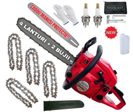 Drujbe Benzina - *SUPER Pachet* 8.8cp Drujba benzina + 4 lanturi + x2 bujii + accesorii + manusi protectie + pila , SuperPower Profesional