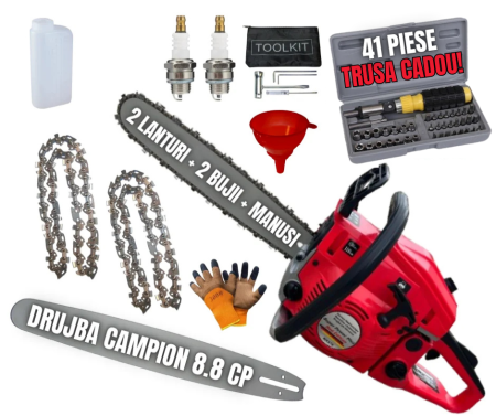 Drujbe Benzina - *SUPER Pachet* 8.8cp Drujba benzina + Trusa 41PCS  + 2 lanturi + x2 bujii + accesorii + manusi protectie + pila , SuperPower Profesional