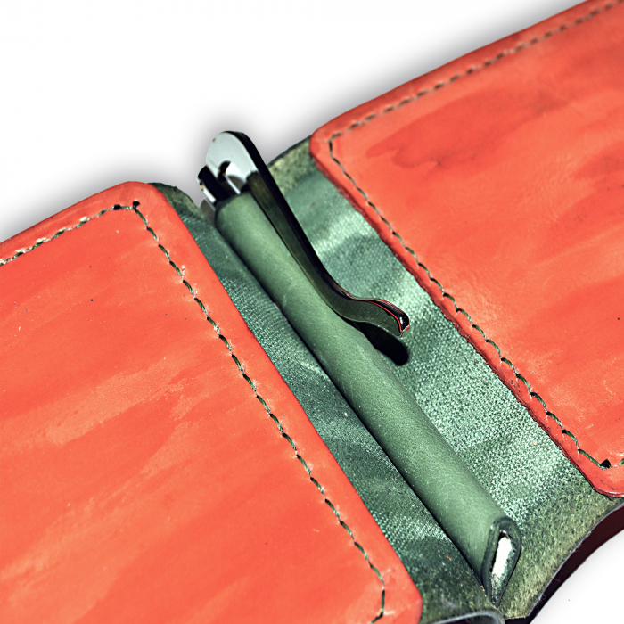 Portofel cu clips piele naturala lucrat manual verde-portocaliu [3]