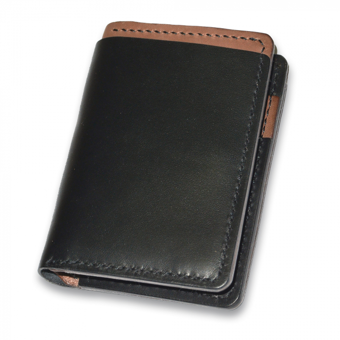 Portofel bifold vertical piele naturala lucrat manual neegru-maro [1]