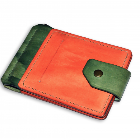 Portofele piele naturala - Portofel cu clips piele naturala lucrat manual verde-portocaliu