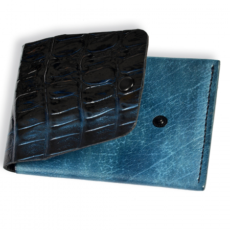 Portofele piele naturala - Portofel slim piele naturala albastru Jeans Croco