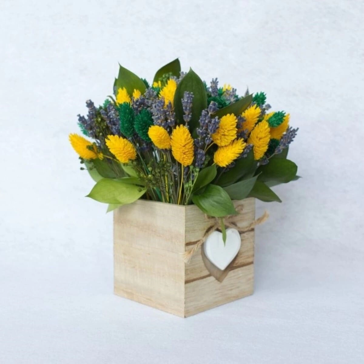 Aranjament cadou cu flori uscate, galben & verde,12×15 cm [3]