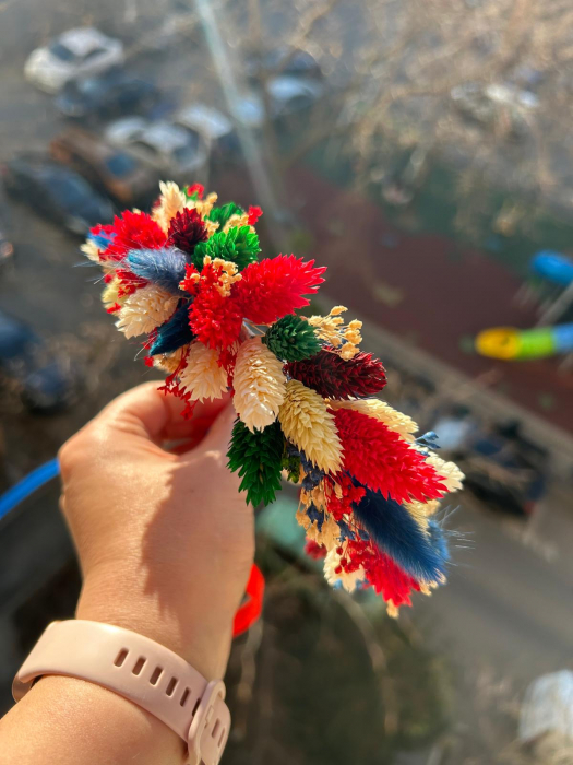 Coroniță din flori uscate – model reglabil, cromatică alb-rosu-albastru-verde [1]
