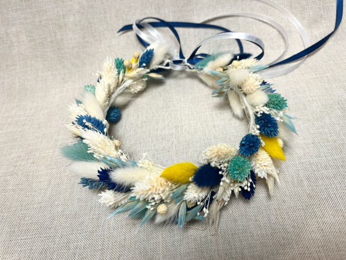 Coronita din flori uscate,reglabila,alb/albastru [4]