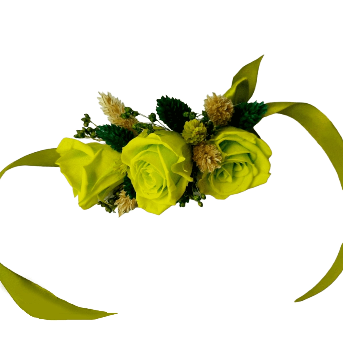 Corsaj (bratara) domnisoara de onoare, flori uscate si trandafiri criogenati, verde [1]