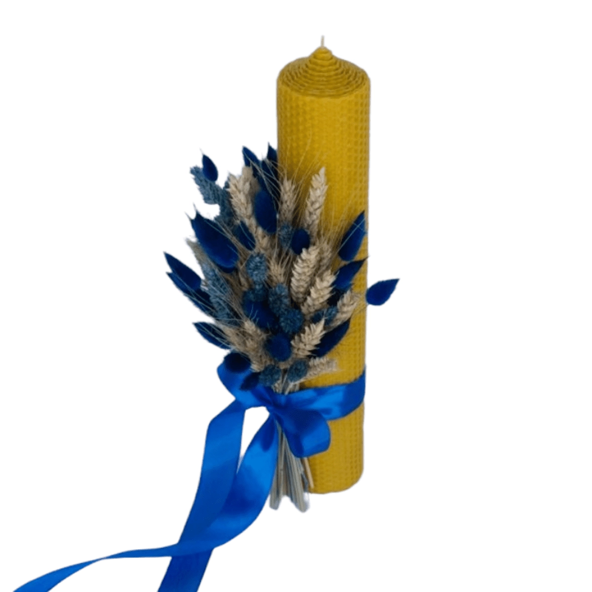 Lumanare botez, ceara naturala decorata cu aranjament floral, nuante albastru [1]