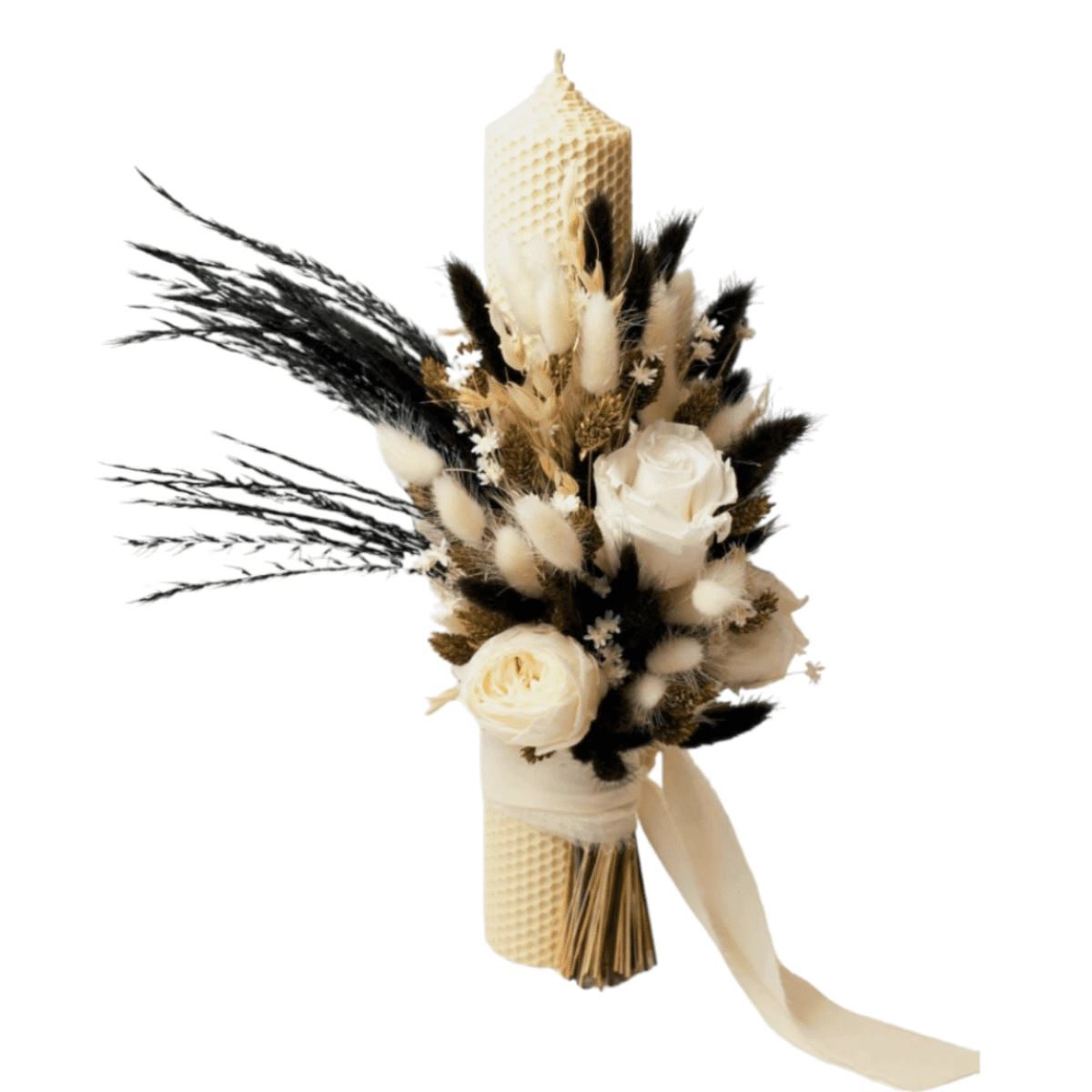 Lumanare nunta/botez, ceara naturala cu trandafiri criogenati, alb-auriu-negru [1]