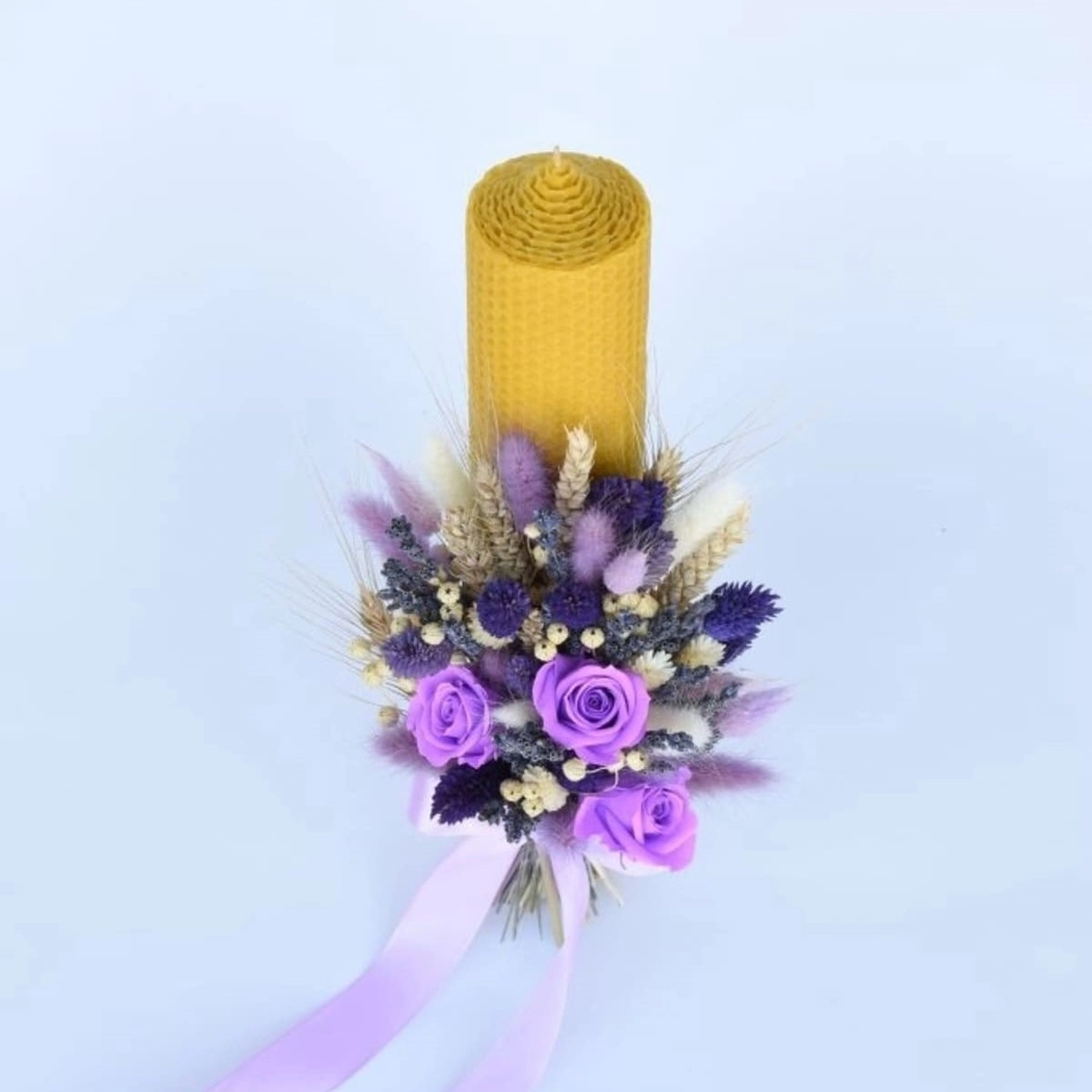 Lumanare nunta/botez, ceara naturala galbena, trandafiri criogenati & plante uscate mov-lila [4]
