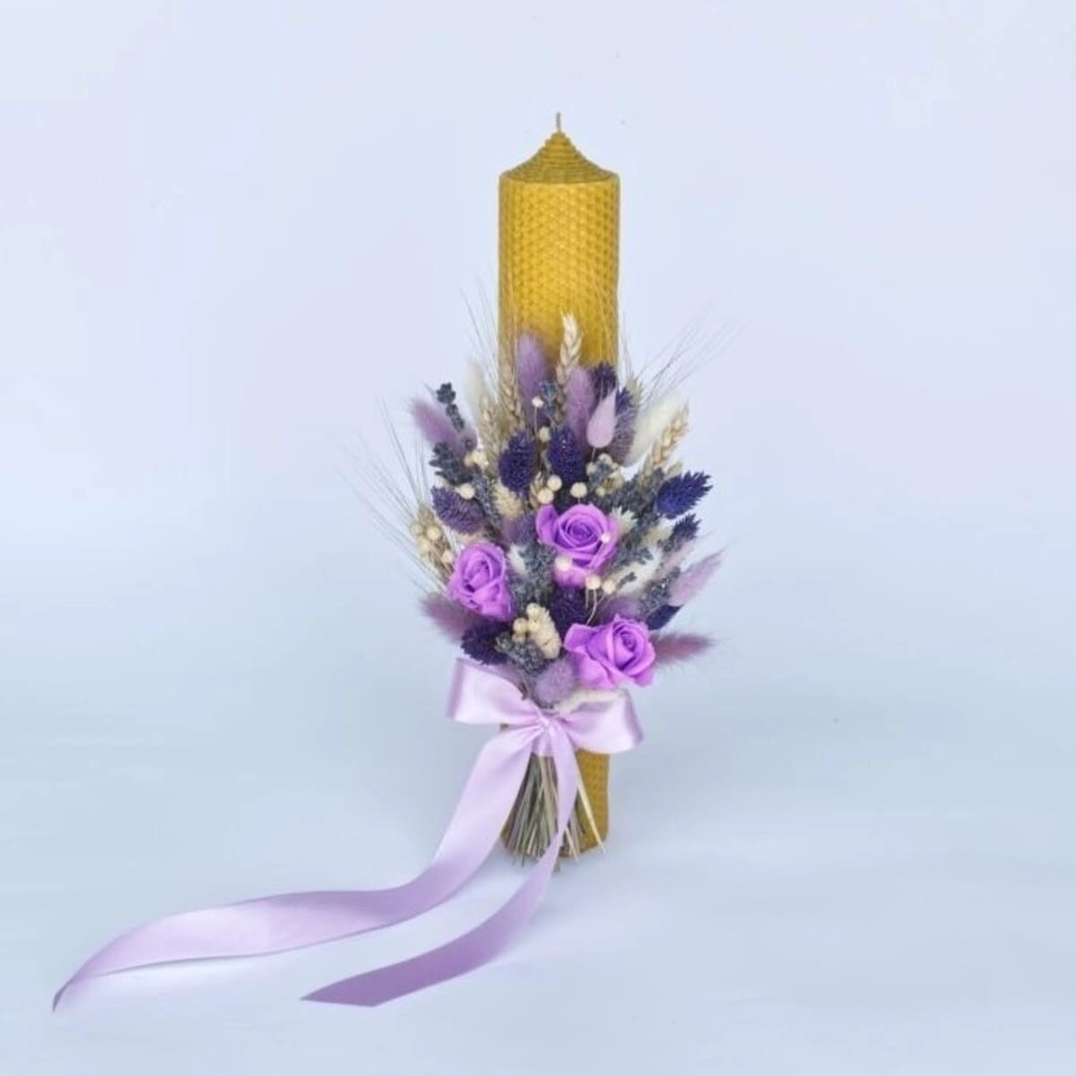 Lumanare nunta/botez, ceara naturala galbena, trandafiri criogenati & plante uscate mov-lila [3]