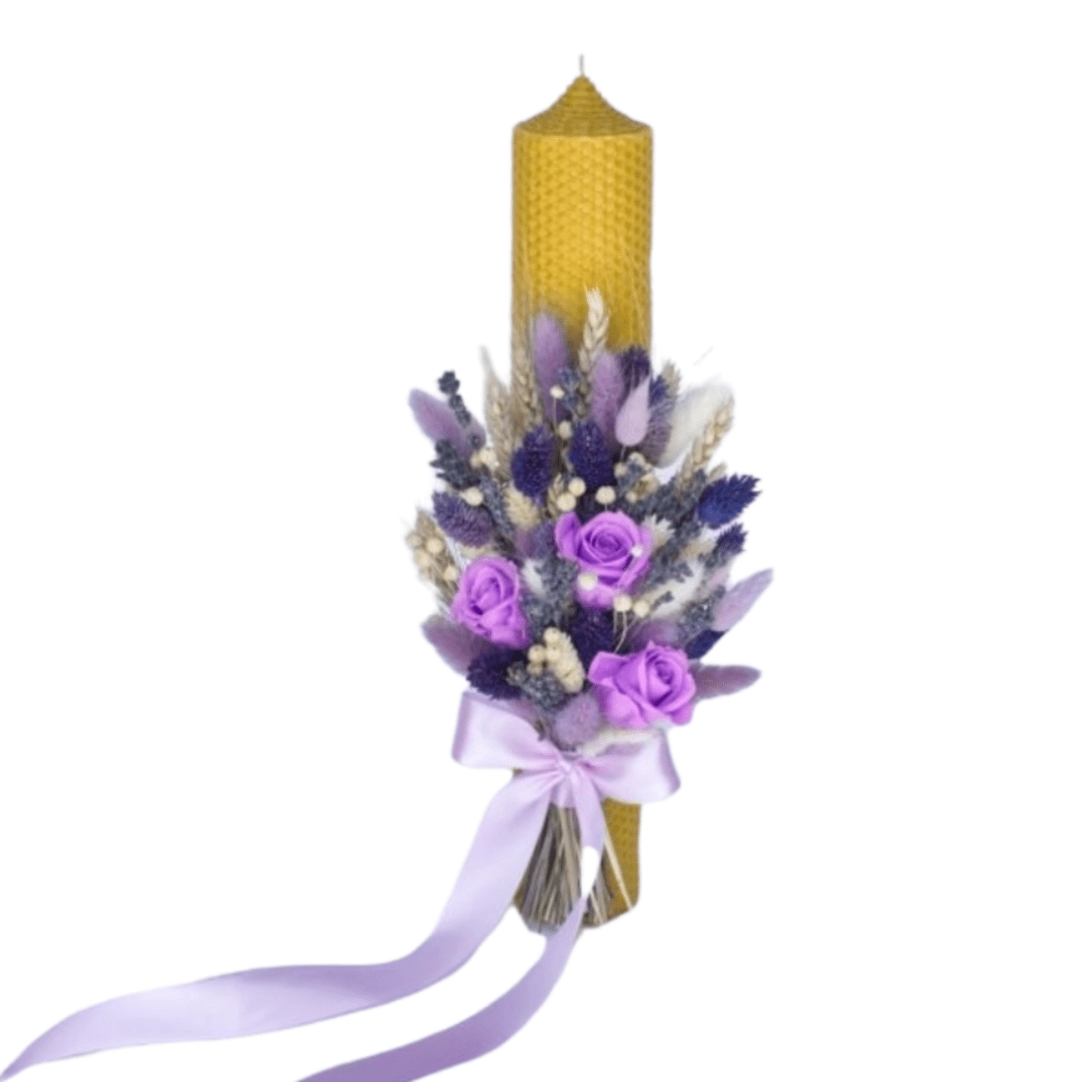 Lumanare nunta/botez, ceara naturala galbena, trandafiri criogenati & plante uscate mov-lila [1]