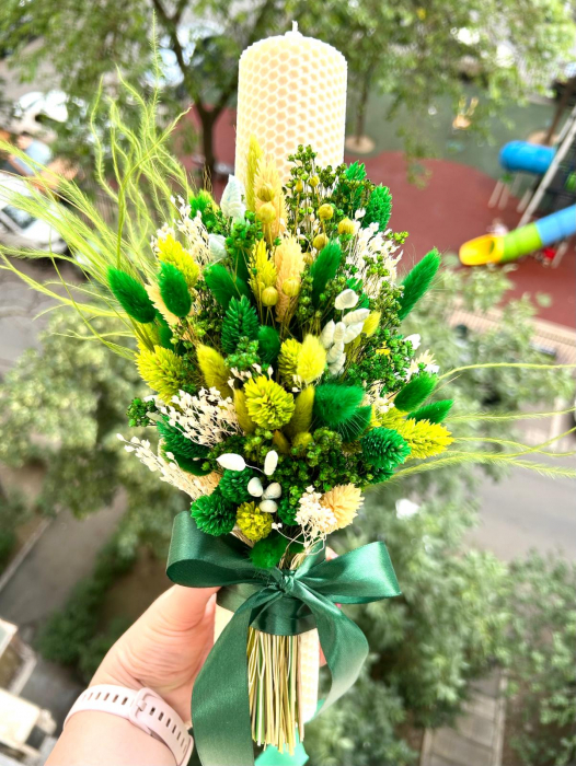 Lumânare nuntă/botez cu buchet din flori uscate, cromatică verde [3]