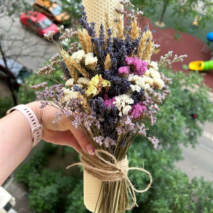 Lumanare nunta/ botez cu lavanda uscata, limonium colorant si grau [2]