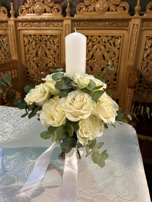 Lumânare nuntă/botez cu trandafiri albi și eucalipt [1]