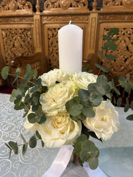 Lumânare nuntă/botez cu trandafiri albi și eucalipt [3]