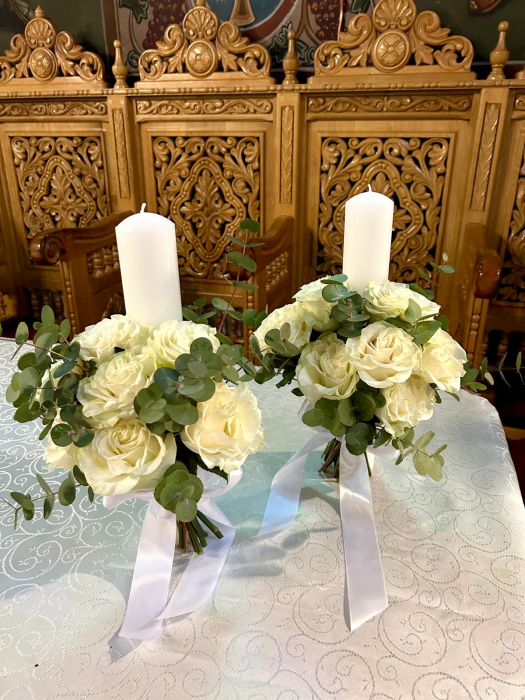 Lumânare nuntă/botez cu trandafiri albi și eucalipt [2]