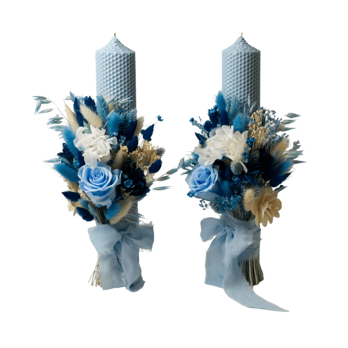 Lumanare nunta, ceara naturala bleu, plante uscate in nuante de albastru [1]