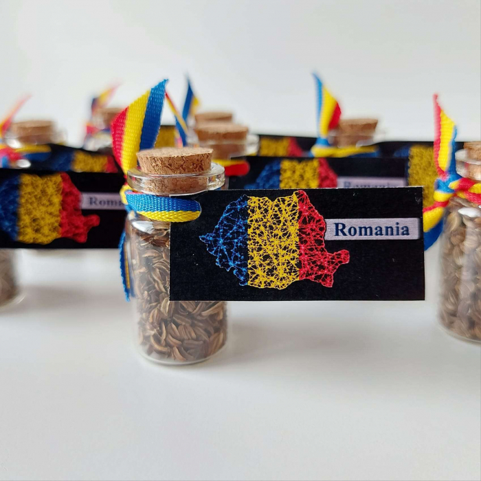 Marturie sticluta nunta sau botez, dop de pluta, seminte leustean, diam. 4x2cm, Romania [3]