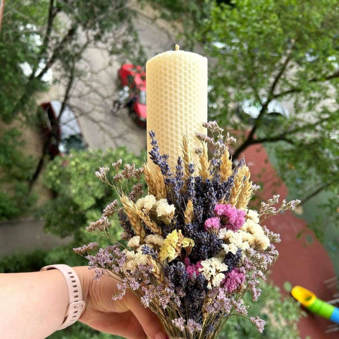 Set 2 lumanari nunta + buchet mireasa cu lavanda uscata, limonium colorant si grau [4]