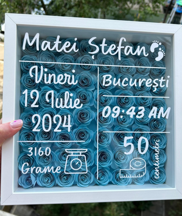 Shadow Box pentru nou-născut – personalizat cu flori din hârtie și detalii de la naștere [2]
