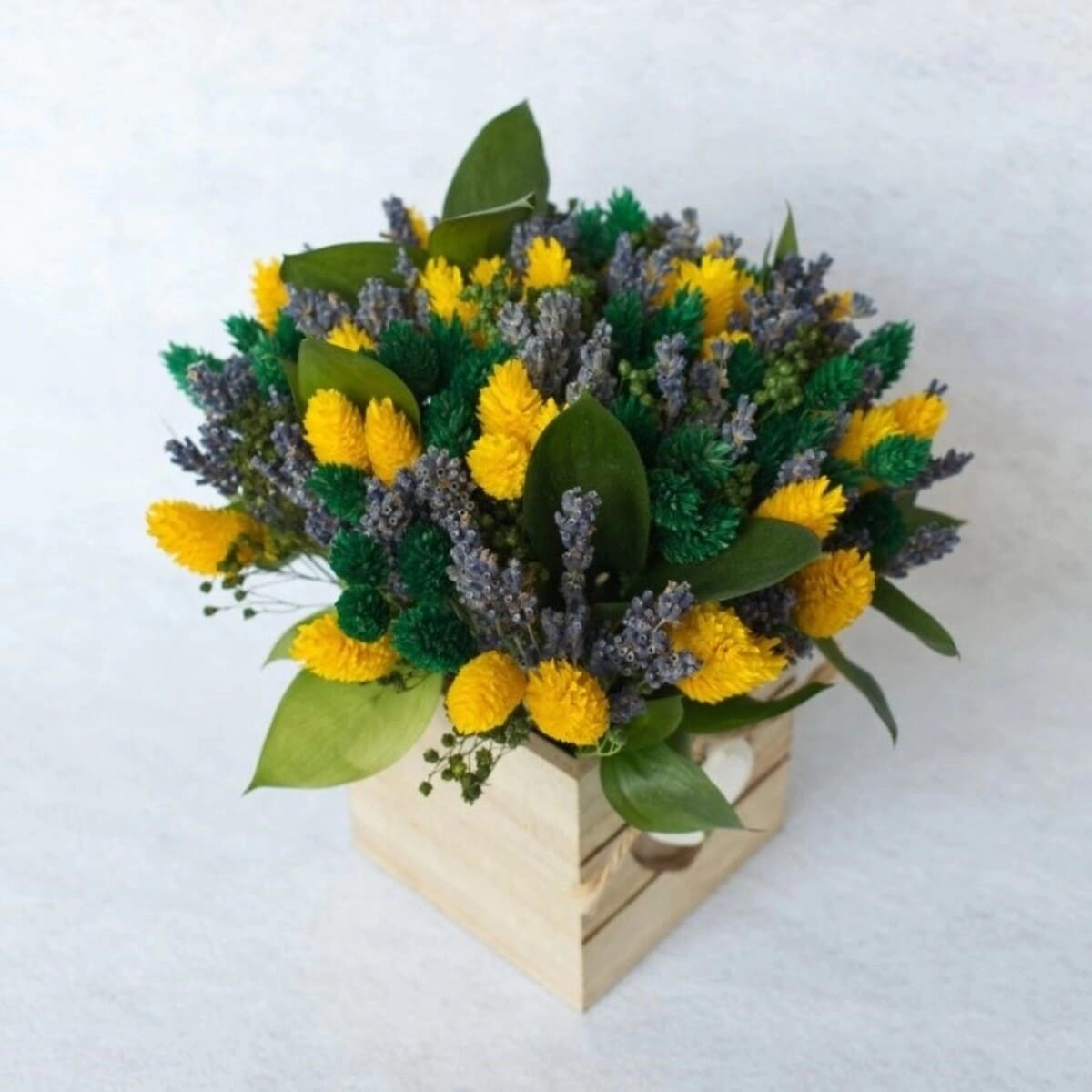 Aranjament cadou cu flori uscate, galben & verde,12×15 cm [1]