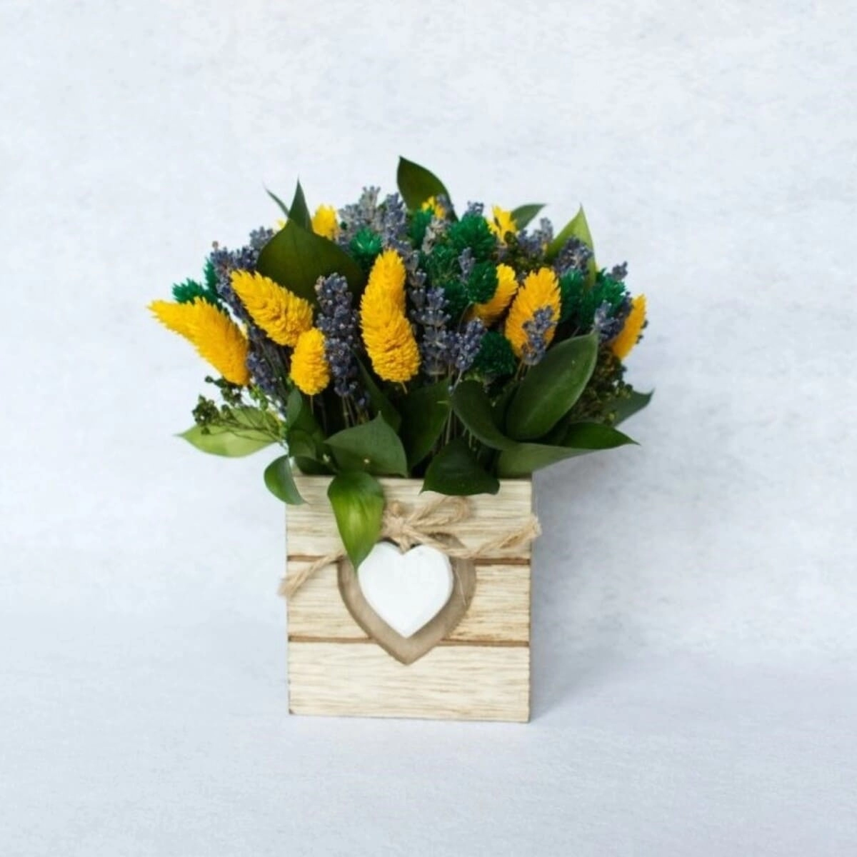 Aranjament cadou cu flori uscate, galben & verde,12×15 cm [3]