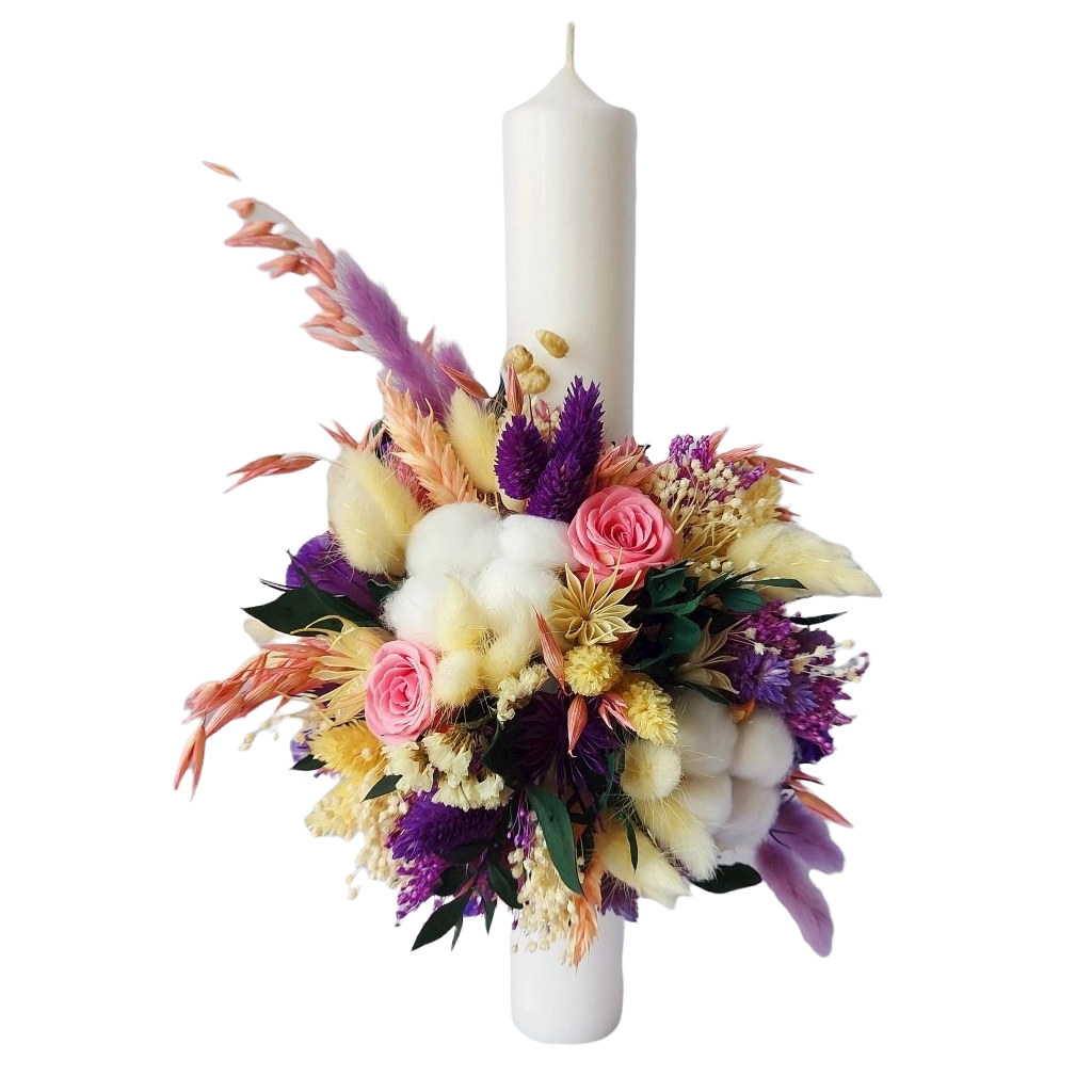Produse din ceară - Lumanare botez/nunta cu trandafiri criogenati, alba, flori roz/mov