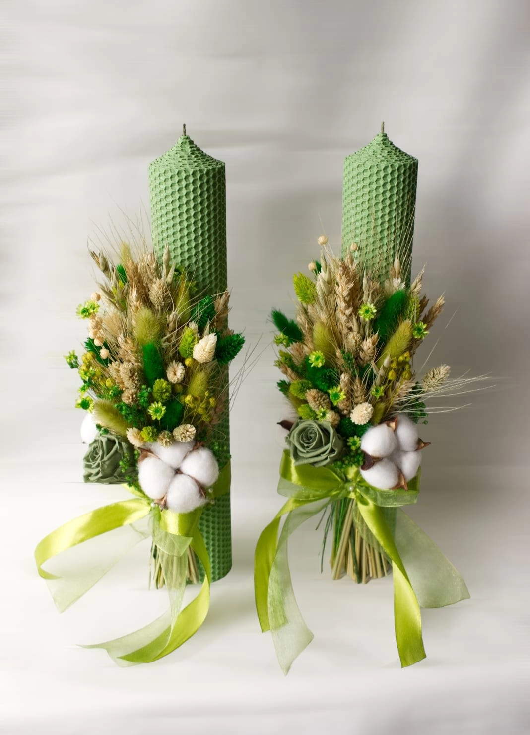 Lumanare nunta/botez, ceara naturala cu trandafiri criogenati si bumbac, verde [2]