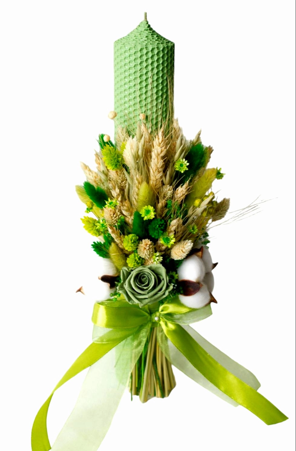 Lumanare nunta/botez, ceara naturala cu trandafiri criogenati si bumbac, verde [1]