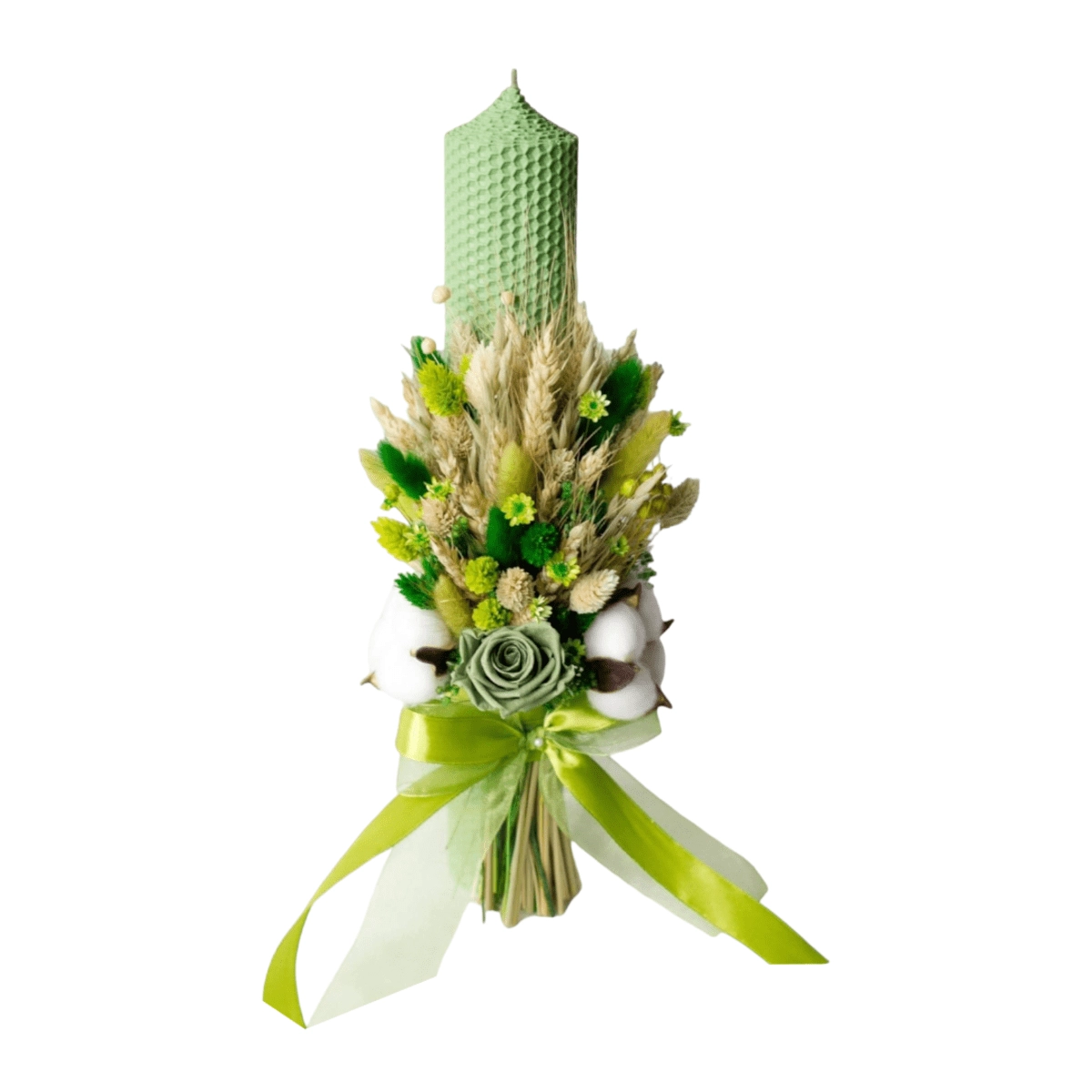 Produse din ceară - Lumanare nunta/botez, ceara naturala cu trandafiri criogenati si bumbac, verde