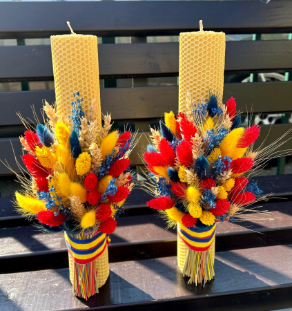 Lumanare nunta/botez, ceara naturala galbena, plante uscate tricolor [2]