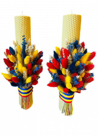 Lumânări botez/nuntă - Lumanare nunta/botez, ceara naturala galbena, plante uscate tricolor