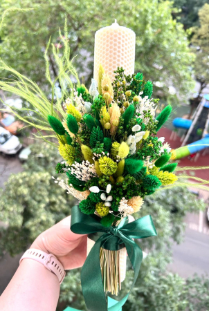 Lumânare nuntă/botez cu buchet din flori uscate, cromatică verde [1]