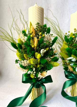Lumânări botez/nuntă - Lumânare nuntă/botez cu buchet din flori uscate, cromatică verde