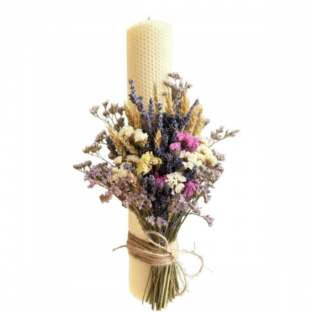 Lumânări botez/nuntă - Lumanare nunta/ botez cu lavanda uscata, limonium colorant si grau