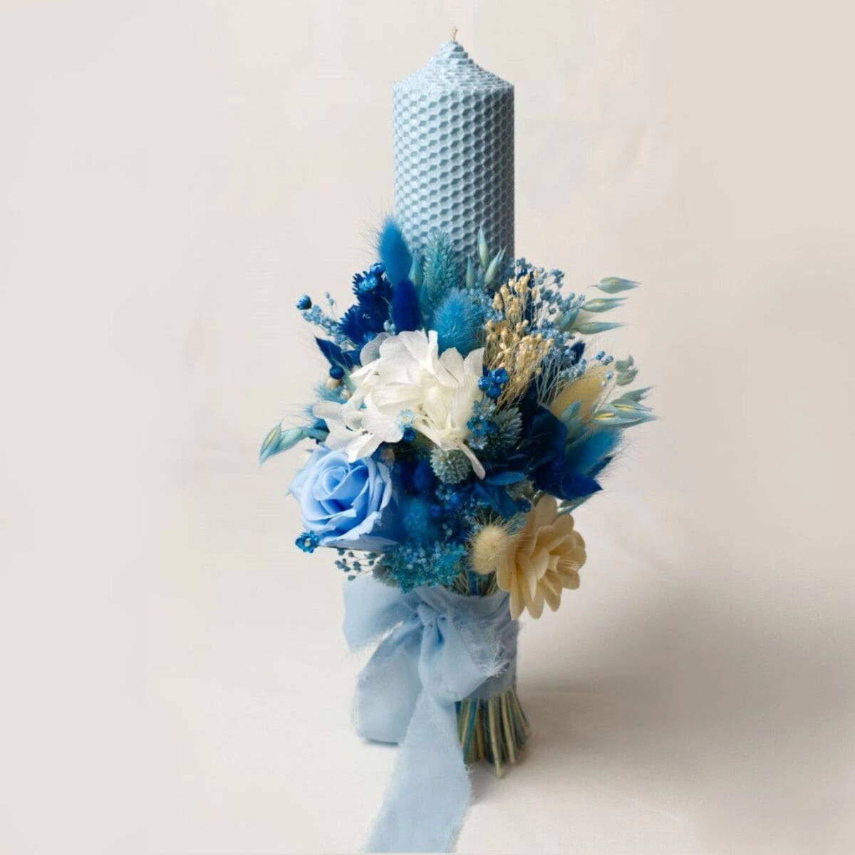 Lumanare nunta, ceara naturala bleu, plante uscate in nuante de albastru [2]