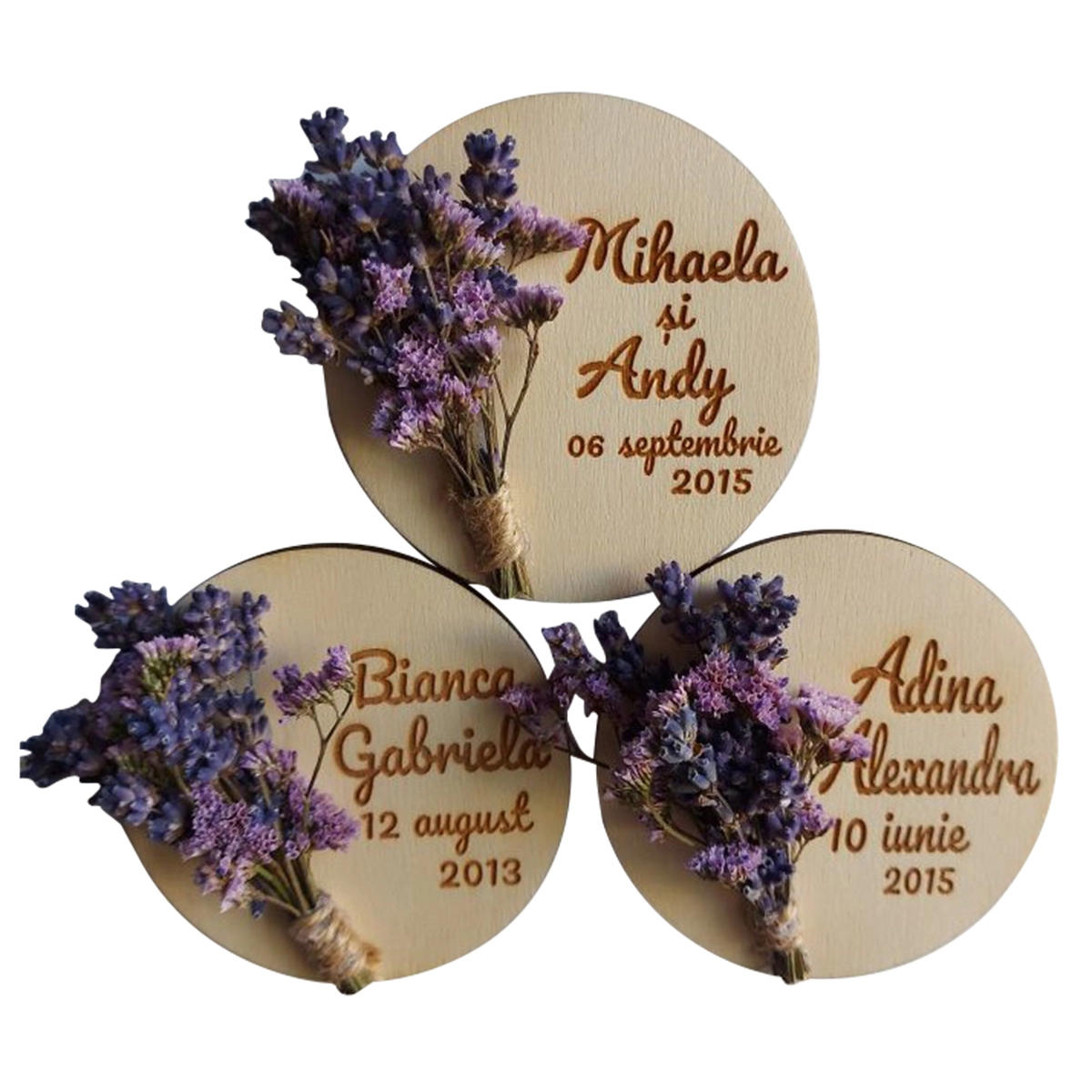 Mărturie nuntă/botez - Marturie lemn cu magnet, pesonalizata si decorate cu lavanda